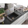 Mexen Elias chiuvetă din granit cu 1 compartiment cu scurgător și baterie de bucătărie Elia, negru cu pete - 6511-76-670101-50