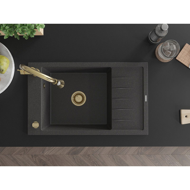 Mexen Elias 1 rekeszes gránit mosogató csepegtetővel és Elia konyhai csapteleppel, fekete pettyes - 6511-76-670101-50