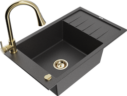 Mexen Elias chiuvetă din granit cu 1 cuvă cu scurgător și baterie de bucătărie Elia, negru stropit - 6511-76-670101-50