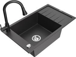 Mexen Elias chiuvetă de bucătărie din granit cu 1 cuvă, cu picurător și baterie Elia, negru cu puncte - 6511-76-670101-70