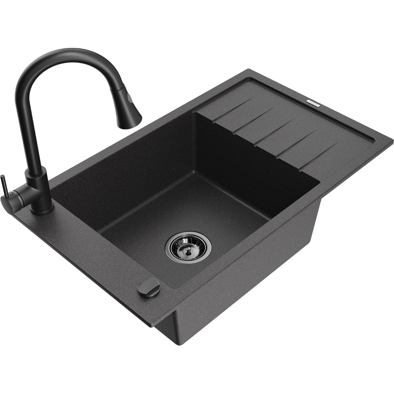 Mexen Elias chiuvetă de bucătărie din granit cu 1 cuvă, cu scurgător și baterie Elia, negru cu pete - 6511-76-670101-70-B