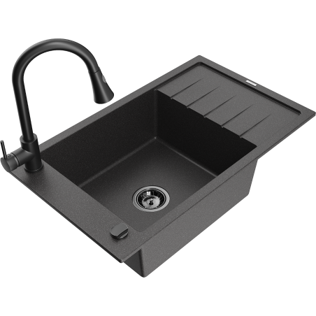 Mexen Elias chiuvetă de bucătărie din granit cu 1 cuvă, cu scurgător și baterie Elia, negru cu pete - 6511-76-670101-70-B