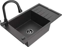 Mexen Elias egykamrás gránit mosogató csepegtetővel és Elia konyhai csappal, fekete spriccelt - 6511-76-670101-70-B