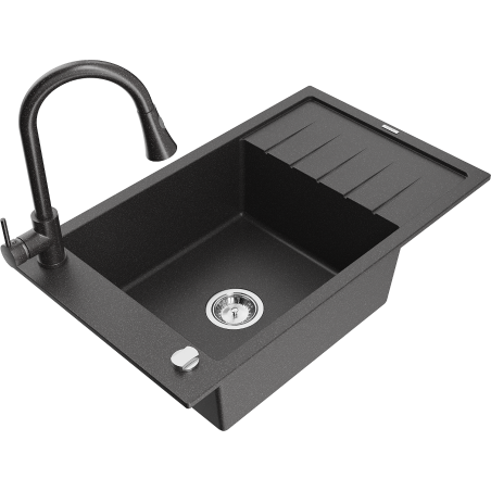 Mexen Elias chiuvetă granit 1-cu basină cu scurgător și baterie bucătărie Elia, negru pătat - 6511-76-670101-76