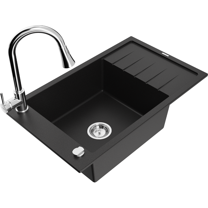 Chiuvetă granit Mexen Elias cu o cuvă cu scurgător și cu baterie de bucătărie Elia, negru - 6511-77-670101-00