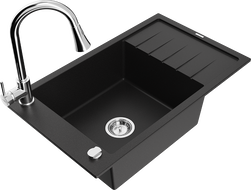 Mexen Elias chiuvetă de granit cu 1 compartiment, cu scurgător și baterie de bucătărie Elia, neagră - 6511-77-670101-00