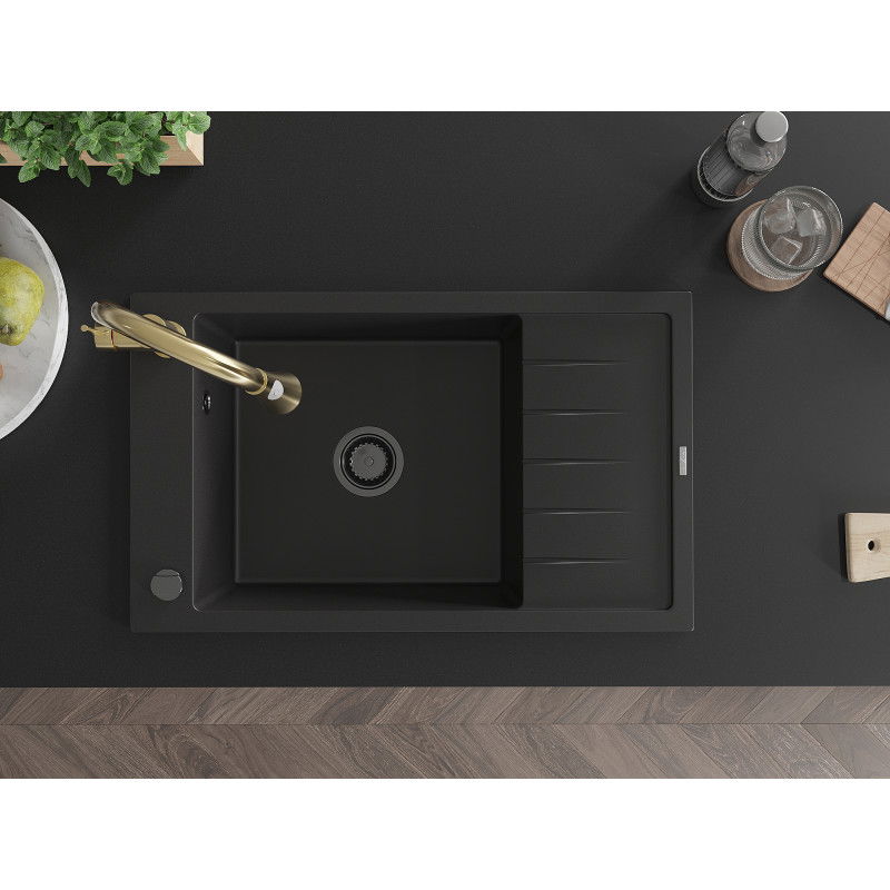 Mexen Elias chiuvetă de granit cu 1 compartiment, cu scurgător și baterie de bucătărie Elia, negru - 6511-77-670101-50-B