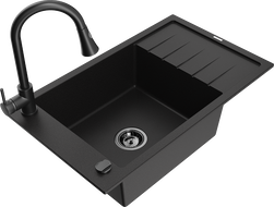 Mexen Elias chiuvetă de granit cu 1 cuvă și scurgător și baterie de bucătărie Elia, neagră - 6511-77-670101-70-B