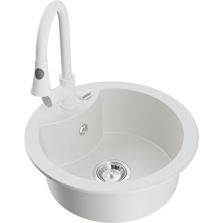 Mexen Diego chiuvetă de granit cu o cuvă cu baterie de bucătărie Elia, albă - 6512-20-670101-20