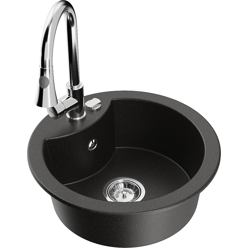 Chiuvetă granitică Mexen Diego cu o singură cameră și baterie de bucătărie Elia, metalic negru/auriu - 6512-75-670101-00