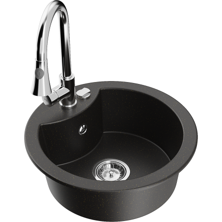 Chiuvetă granitică Mexen Diego cu o singură cameră și baterie de bucătărie Elia, metalic negru/auriu - 6512-75-670101-00