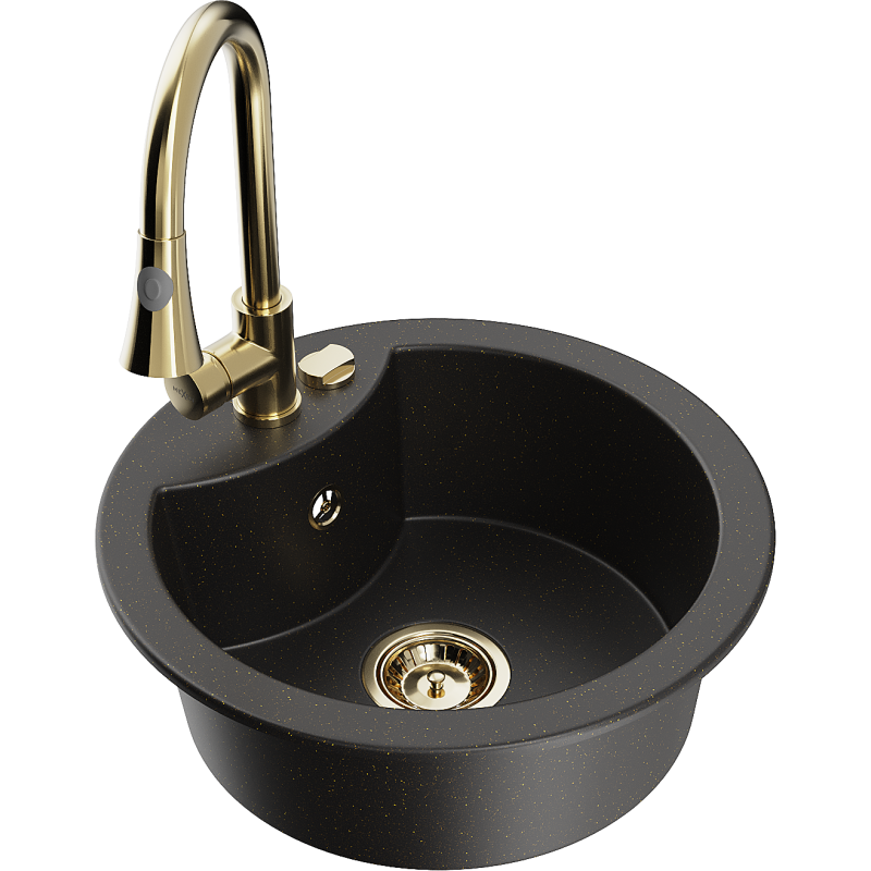 Mexen Diego chiuvetă de granit cu 1 cuvă cu baterie de bucătărie Elia, negru/auriu metalizat - 6512-75-670101-50