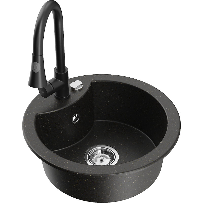 Mexen Diego chiuvetă de bucătărie din granit cu 1 compartiment cu baterie Elia, negru/auriu metalizat - 6512-75-670101-70