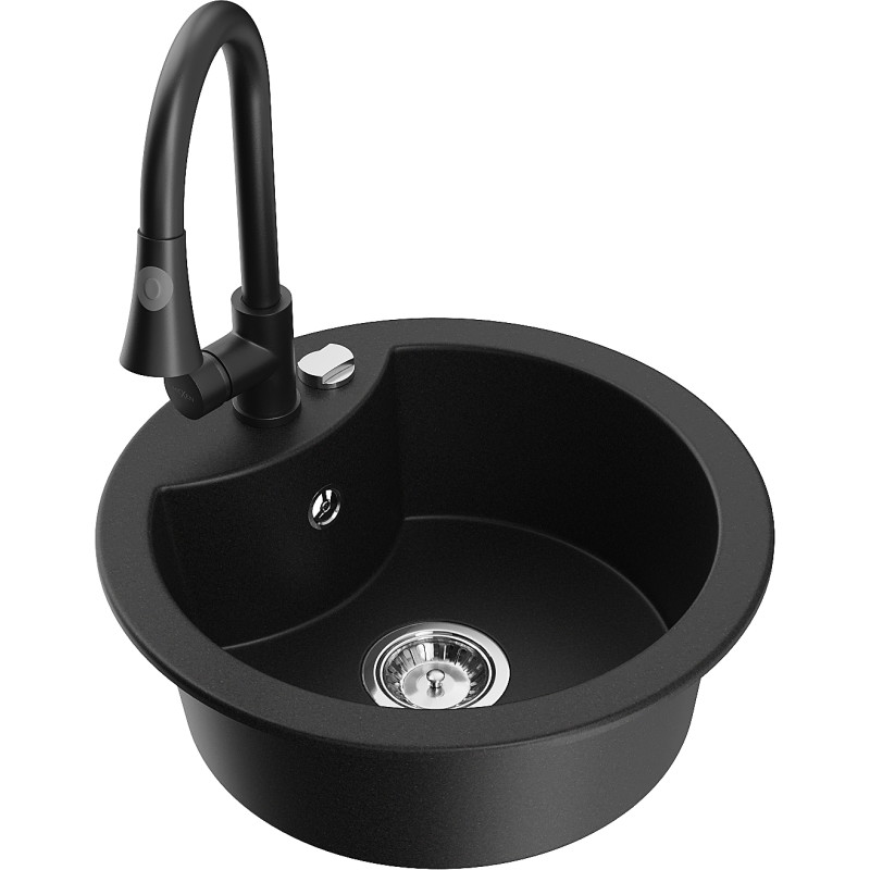 Mexen Diego chiuvetă de bucătărie din granit, cu 1 cuvă, cu baterie Elia, negru - 6512-77-670101-70