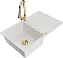 Mexen Bruno chiuvetă de granit cu o singură cuvă cu scurgător și baterie de bucătărie Elia, alb - 6513-20-670101-50