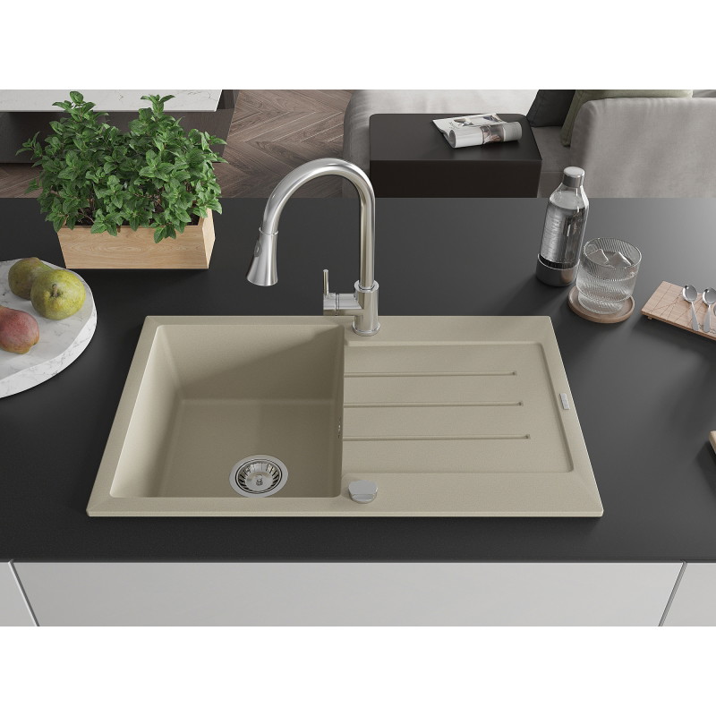 Mexen Bruno chiuvetă de granit cu 1 compartiment, cu scurgător și baterie de bucătărie Elia, bej - 6513-69-670101-00