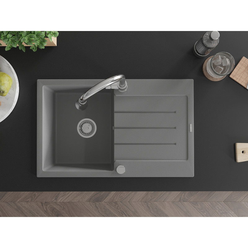 Mexen Bruno chiuvetă de granit 1 compartiment cu scurgător și baterie de bucătărie Elia, gri - 6513-71-670101-00