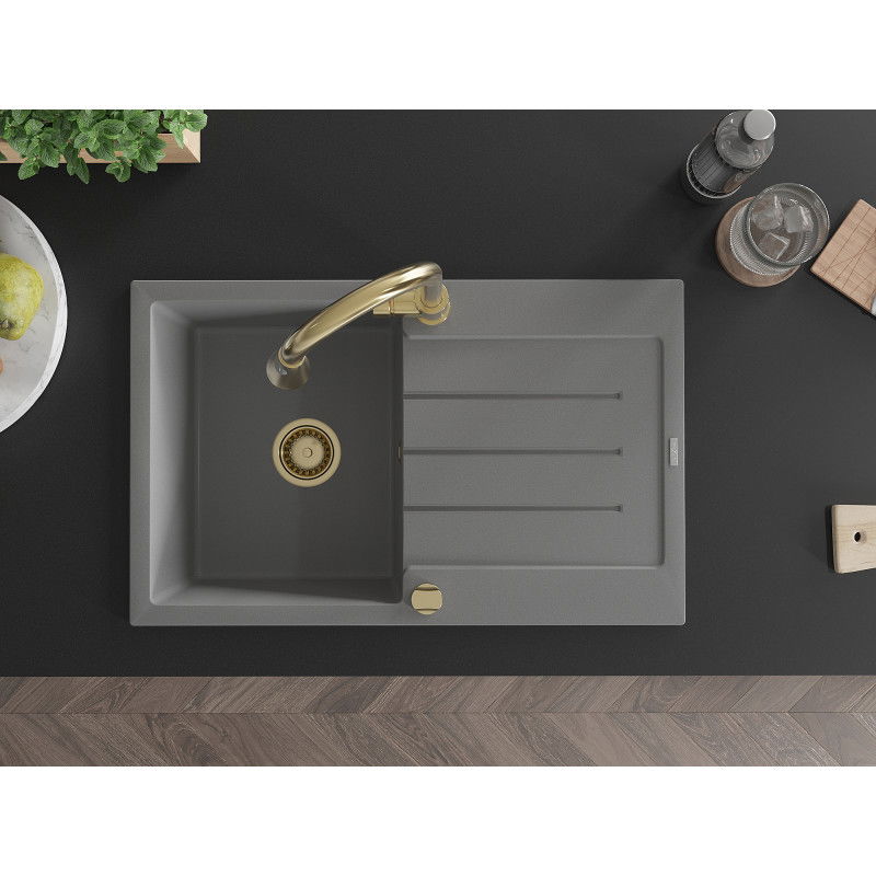 Mexen Bruno 1-medencés gránit mosogató lefolyóval és Elia konyhai csapteleppel, szürke - 6513-71-670101-50