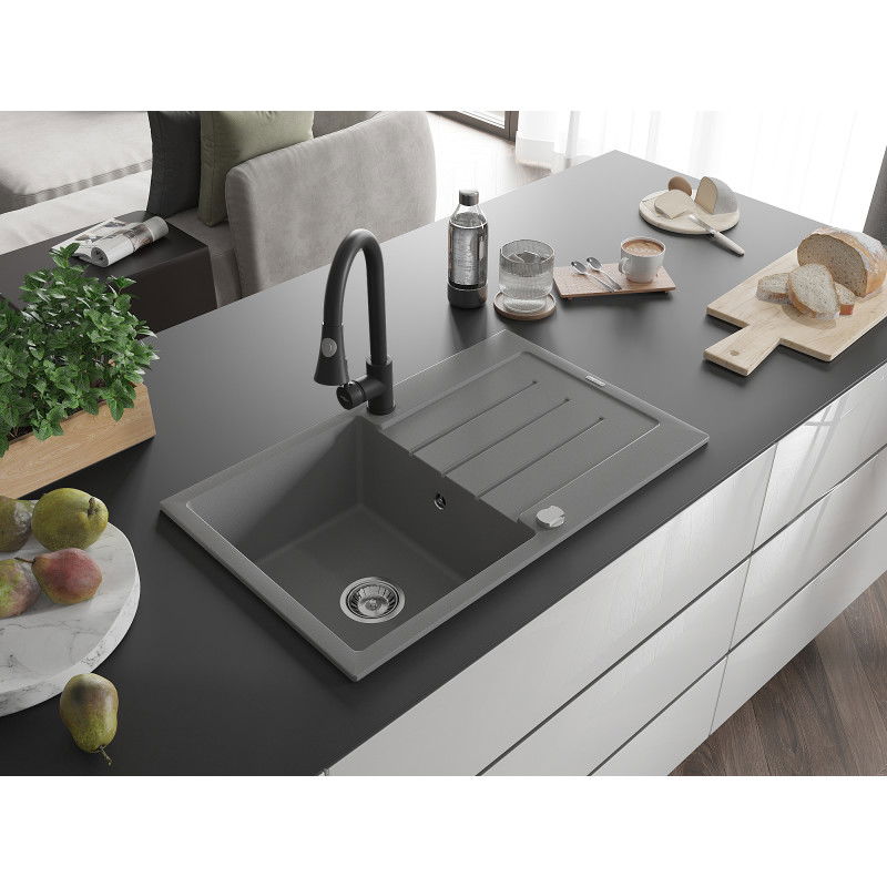 Mexen Bruno chiuvetă de granit cu o singură cuvă cu scurgător și baterie de bucătărie Elia, gri - 6513-71-670101-70