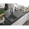 Mexen Bruno chiuvetă de granit cu un compartiment, cu picurător și baterie de bucătărie Elia, gri - 6513-71-670101-70