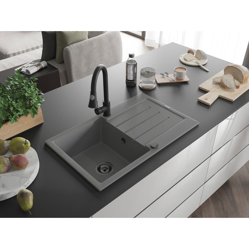 Mexen Bruno chiuvetă granit 1-cameră cu scurgător și baterie de bucătărie Elia, gri - 6513-71-670101-70-B