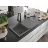 Mexen Bruno chiuvetă de granit cu 1 compartiment cu scurgător și baterie de bucătărie Elia, gri - 6513-71-670101-70-B