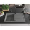 Mexen Bruno chiuvetă de granit cu un compartiment, cu picurător și baterie de bucătărie Elia, gri - 6513-71-670101-70-B