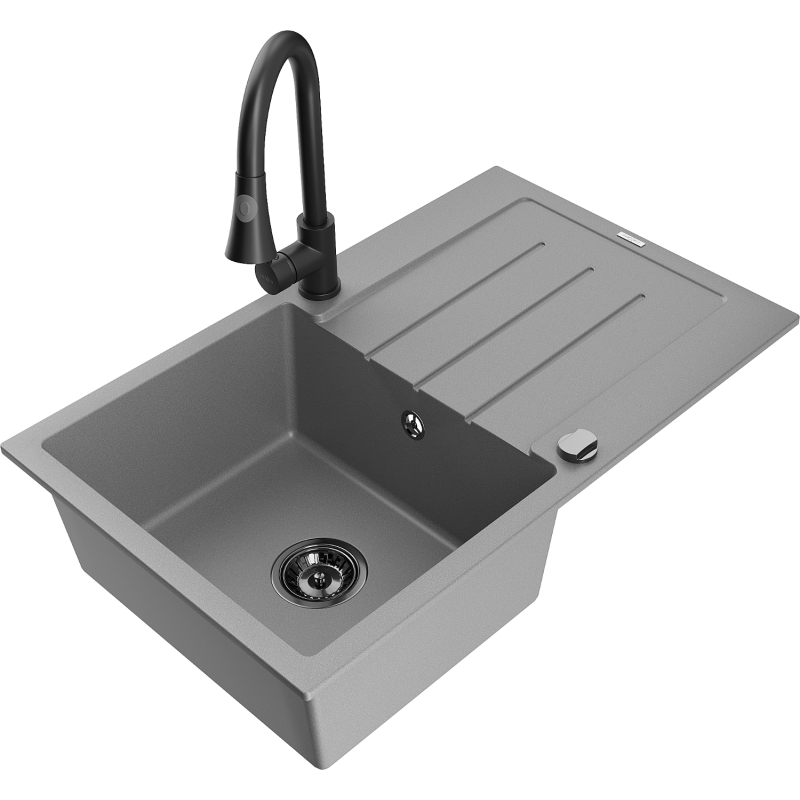 Mexen Bruno chiuvetă granit 1-cameră cu scurgător și baterie de bucătărie Elia, gri - 6513-71-670101-70-B