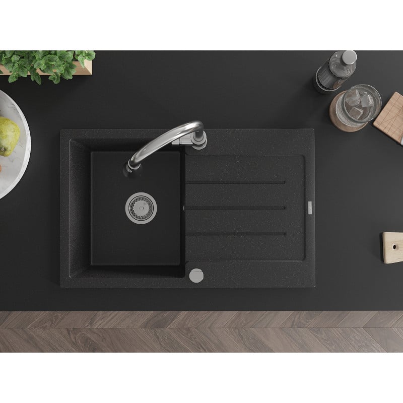 Mexen Bruno chiuvetă de bucătărie din granit cu 1 compartiment, cu picurător și baterie Elia, negru/argintiu metalizat