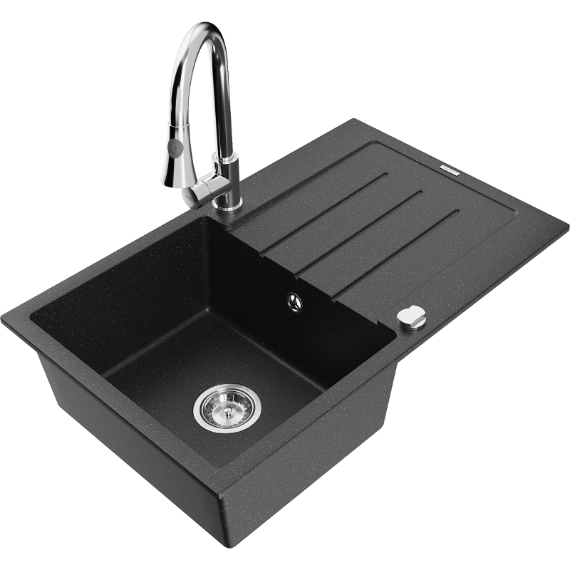 Mexen Bruno chiuvetă de bucătărie din granit cu 1 compartiment, cu picurător și baterie Elia, negru/argintiu metalizat
