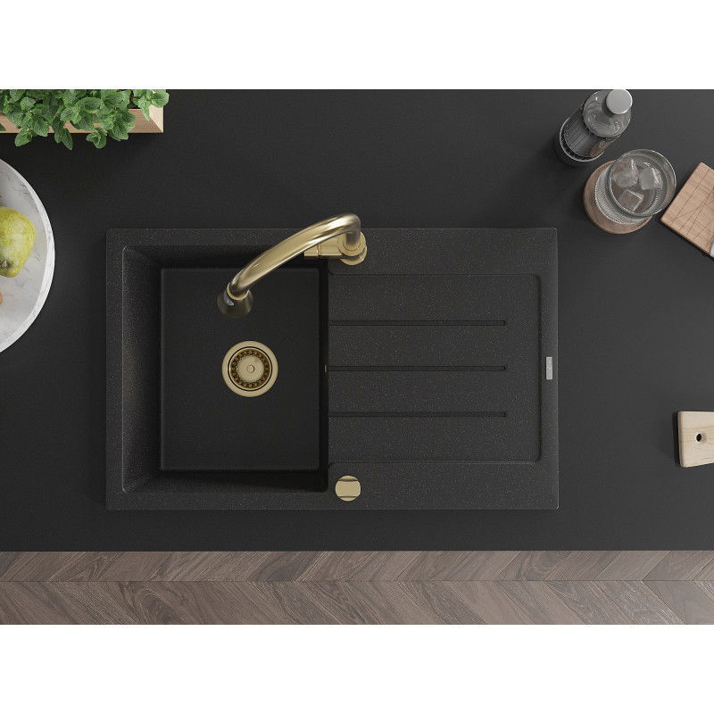 Mexen Bruno gránit mosogató 1 rekeszes csepegtetővel és Elia konyhai csapteleppel, fekete/ezüst metál - 6513-73-670101-50