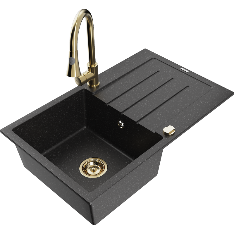 Mexen Bruno chiuvetă din granit cu 1 compartiment cu scurgător și baterie de bucătărie Elia, negru/metal argintiu