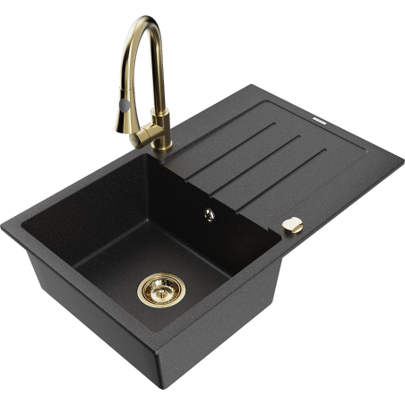 Mexen Bruno chiuvetă din granit cu 1 compartiment cu scurgător și baterie de bucătărie Elia, negru/metal argintiu