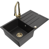 Mexen Bruno chiuvetă din granit cu 1 compartiment cu scurgător și baterie de bucătărie Elia, negru/metal argintiu
