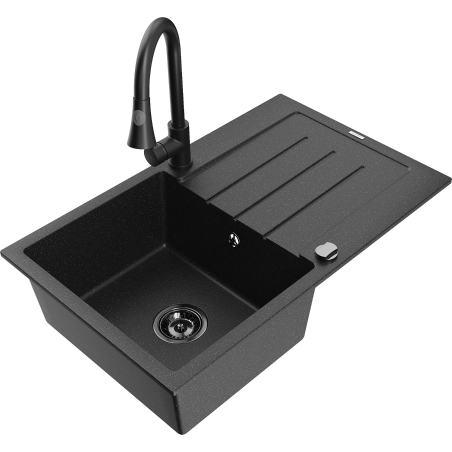 Mexen Bruno chiuvetă din granit cu o singură cuvă cu scurgător și baterie de bucătărie Elia, negru/metalizat argintiu
