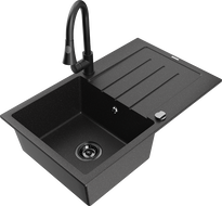Mexen Bruno chiuvetă din granit cu o singură cuvă cu scurgător și baterie de bucătărie Elia, negru/metalizat argintiu