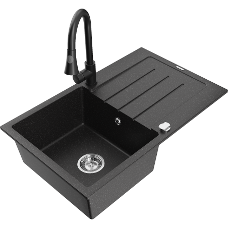 Mexen Bruno chiuvetă de granit cu o cuvă, cu scurgător și robinet de bucătărie Elia, negru/argintiu metalizat
