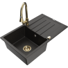 Mexen Bruno chiuvetă de granit cu o cuvă, cu scurgător și baterie de bucătărie Elia, metalic negru/auriu