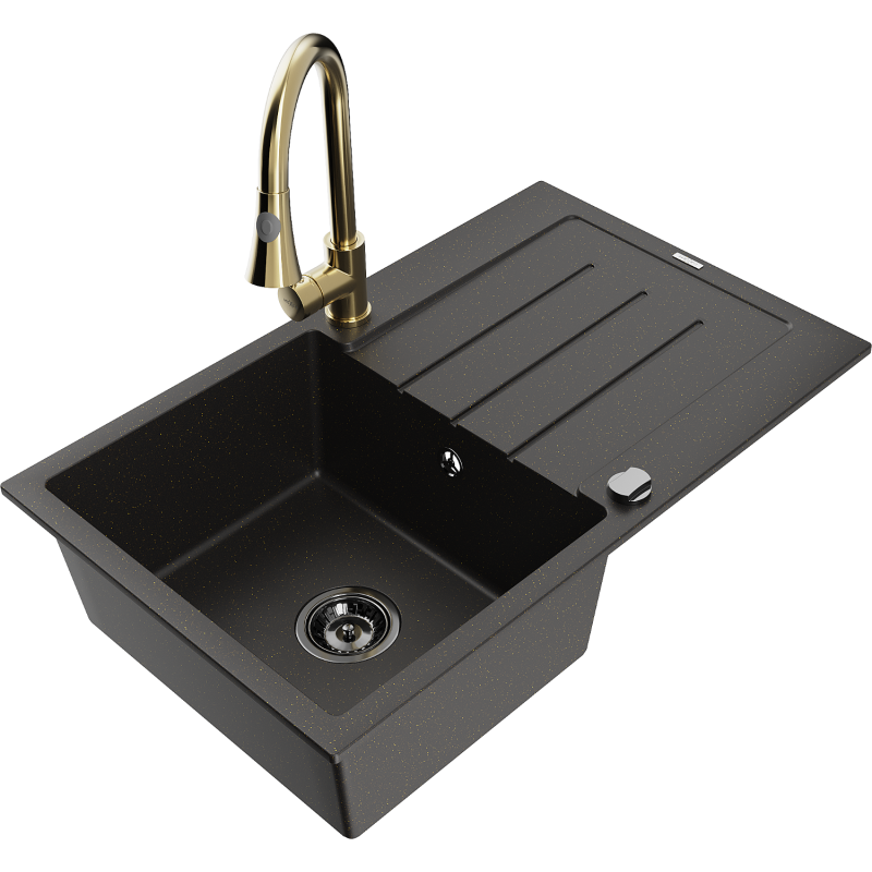 Mexen Bruno chiuvetă din granit cu 1 compartiment, cu picurător și baterie de bucătărie Elia, negru/auriu metalic