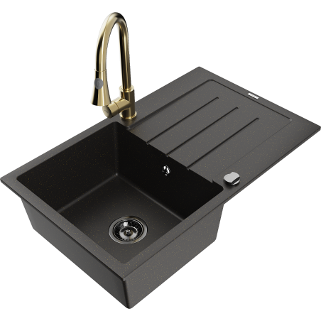 Mexen Bruno chiuvetă din granit cu 1 compartiment, cu picurător și baterie de bucătărie Elia, negru/auriu metalic