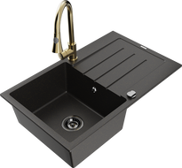 Mexen Bruno chiuvetă din granit cu 1 compartiment, cu picurător și baterie de bucătărie Elia, negru/auriu metalic