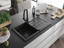 Mexen Bruno chiuvetă din granit cu 1 compartiment, cu picurător și baterie de bucătărie Elia, negru/auriu metalic