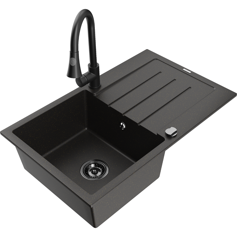 Chiuvetă de bucătărie granit Mexen Bruno, cu 1 compartiment și scurgător, cu baterie Elia, negru/auriu metalic - 6513-75-670101?