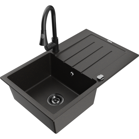Chiuvetă de bucătărie granit Mexen Bruno, cu 1 compartiment și scurgător, cu baterie Elia, negru/auriu metalic - 6513-75-670101?