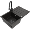 Chiuvetă de bucătărie granit Mexen Bruno, cu 1 compartiment și scurgător, cu baterie Elia, negru/auriu metalic - 6513-75-670101?