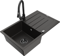 Mexen Bruno gránit mosogató 1-kamrás csepegtetővel és Elia konyhai csapteleppel, fekete/arany metál - 6513-75-670101-70-B