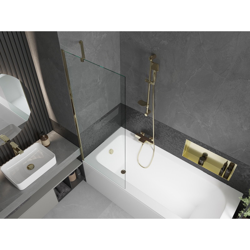 Mexen Vega téglalap alakú kád 150 x 70 cm burkolattal és 1-szárnyú paravánnal 70 cm, átlátszó, arany