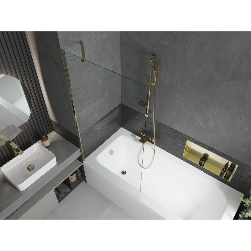 Mexen Vega cadă dreptunghiulară 170 x 70 cm cu carcasă și paravan cu 1 canat 90 cm, transparent, auriu