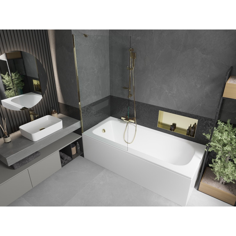Mexen Vega cadă dreptunghiulară 170 x 70 cm cu carcasă și paravan cu 1 canat 90 cm, transparent, auriu
