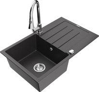 Mexen Bruno chiuvetă din granit cu 1 cuvă, cu scurgător și baterie de bucătărie Elia, negru cu pete - 6513-76-670101-00